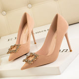 Pointed Rhinestone Square Buckle Suede Stilettos Shoes