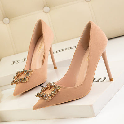 Pointed Rhinestone Square Buckle Suede Stilettos Shoes