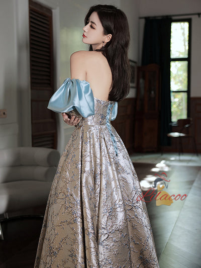 Long Sleeve Print Off the Shoulder Bow Prom Dress