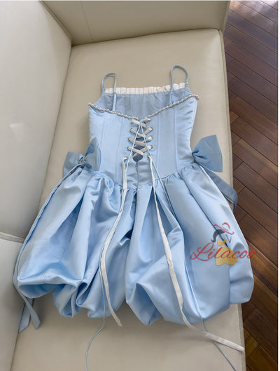Blue Satin Straps Crystal Short Prom Dress