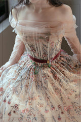 Champagne Tulle Embroidery Flower Prom Dress