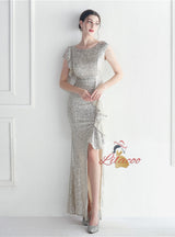 Sequins Cap Sleeve Beadin Split Prom Dress