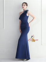 Navy Blue One Shoulder Split Prom Dress