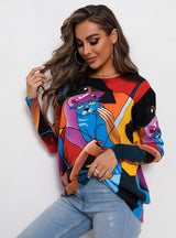 Round Neck Cat Print Long Sleeve Sweater