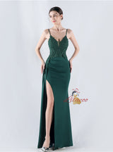 Mermaid Spaghetti Straps Lace Appliques Split Prom Dress