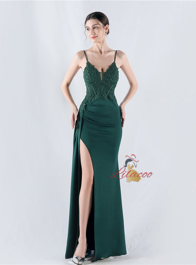 Mermaid Spaghetti Straps Lace Appliques Split Prom Dress