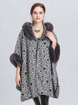 Loose Leopard Print Hooded Knitted Cloak Shawl Coat