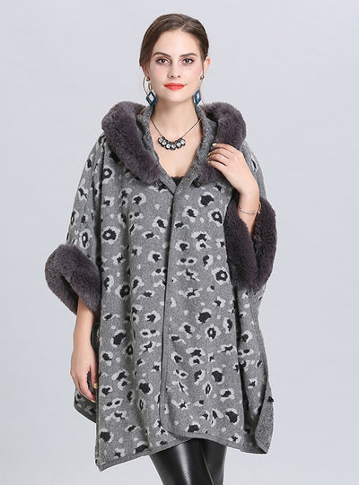 Loose Leopard Print Hooded Knitted Cloak Shawl Coat