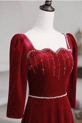 Burgundy Velvet Long Sleeve Beading Prom Dress