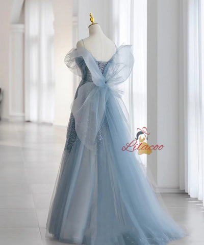 Blue Tulle Sequins Straps Prom Dress