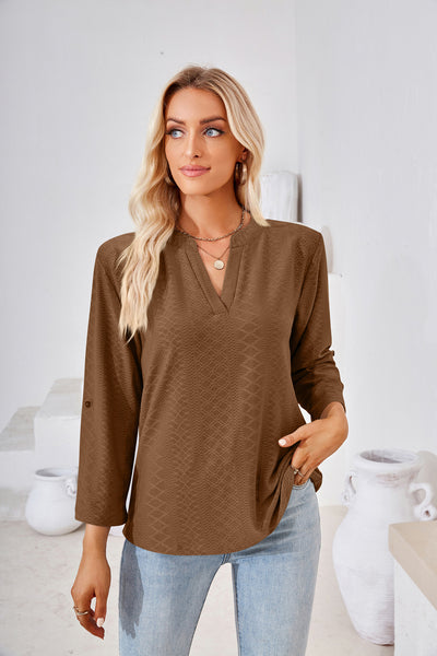 V-neck Cropped Sleeve Button Loose T-shirt