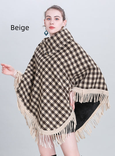 Plaid Tassel Pullover Cloak Shawl