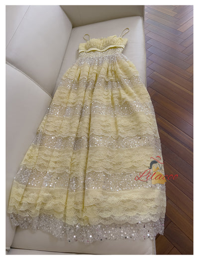 Yellow Lace Sequins Long Prom Dress