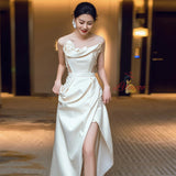 Ivory Satin Strapless Flower Wedding Dress