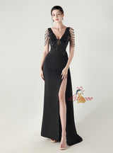 V-neck Appliques Split Beading Prom Dress