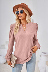 Solid Color V-neck Long Sleeve Loose T-shirt