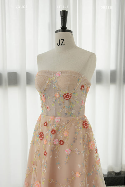 Champagne Tulle Sequins Prom Dress