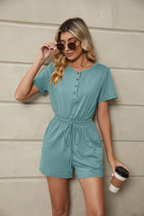 Solid Color Loose Short Sleeve Pocket Jumpsuit