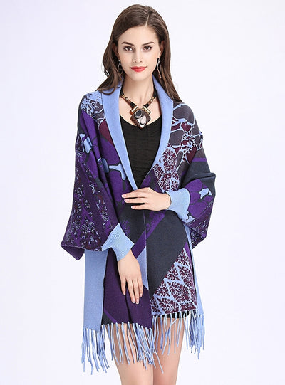 Printed Bat Sleeve Tassel Knitted Shawl