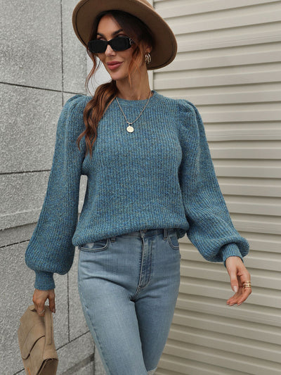Spliced Round Neck Long Sleeve Pleated Loose Sweater