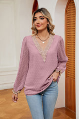 Lace V-neck Stitching Lace Long Sleeves Shirt