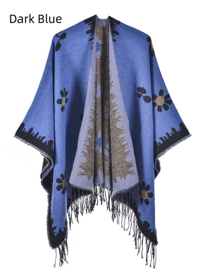 Flower Knit Cardigan Tassel Split Warm Cloak