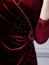 Burgundy Velvet Pleats Beading Mother Of the Brides Dress