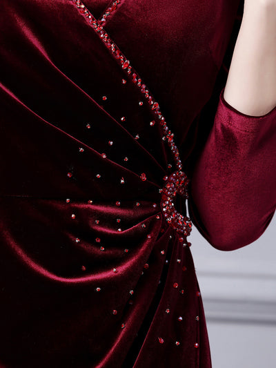 Burgundy Velvet Pleats Beading Mother Of the Brides Dress