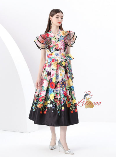 V-neck Ruffled Stitching Printed Long Dress