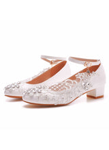 Square Heel Lace Rhinestone Round Toe Shoes