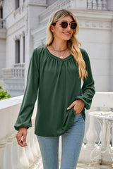 Solid Color Long Sleeve V neck Pleated T-shirt