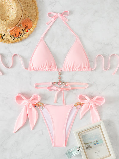 Crystal Diamond Strap Backless Beach Bikini