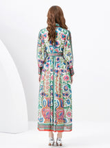 Palace Lapel Lantern Sleeve Long Retro Print Dress
