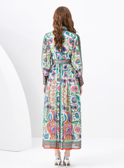 Palace Lapel Lantern Sleeve Long Retro Print Dress