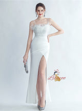 Spaghetti Straps Split Feather Prom Dress