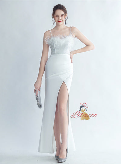 Spaghetti Straps Split Feather Prom Dress