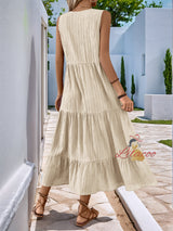 Button Solid Color V-neck Sleeveless Dress