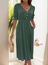 Casual Puff Sleeve Pleated V-neck Dress
