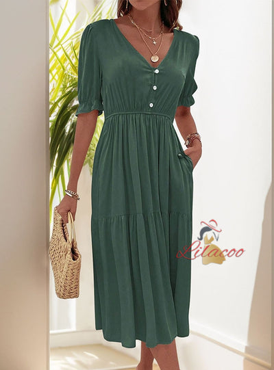 Casual Puff Sleeve Pleated V-neck Dress
