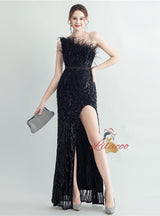 Women One Shoulder Sequins Split Prom Dress