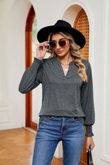 Solid Color V-neck Loose Long Sleeve T-shirt