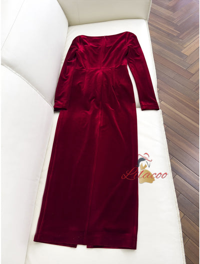 Burgundy Velvet Long Sleeve Split Prom Dress