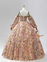 Champagne Long Sleeve Embroidery Prom Dress