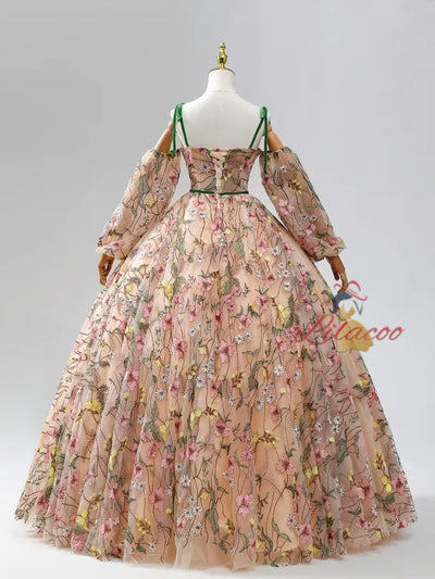 Champagne Long Sleeve Embroidery Prom Dress