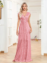 Navy Blue Sequins V-neck Prom Dress