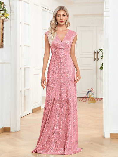 Navy Blue Sequins V-neck Prom Dress