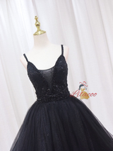 Black Tulle Sequins Straps Beading Homecoming Dress