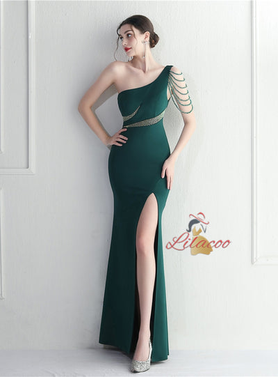 Green One Shoulder Beading Split Prom Dress