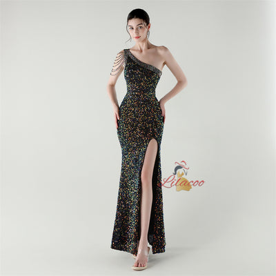 Mermaid Sequins One Shoulder Beading Prom Dress