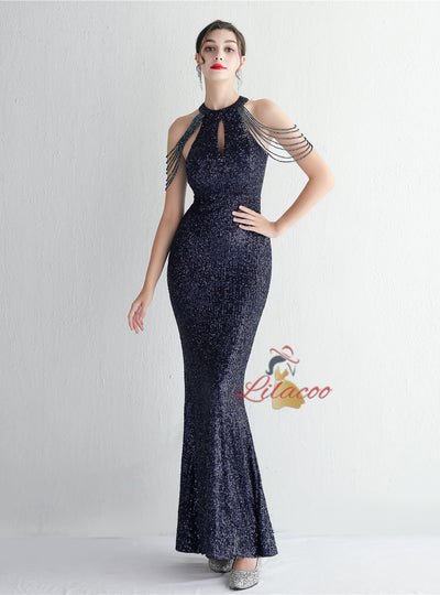 Mermaid Sequins Halter Beading Prom Dress